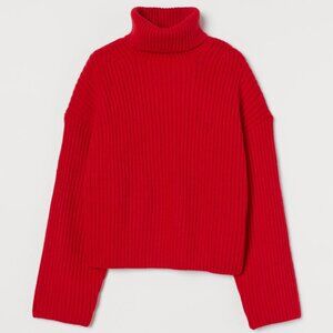 2for$30🏷H&M Red Cropped Chunky Rib Oversized Turtleneck Sweater Boxy Fit S